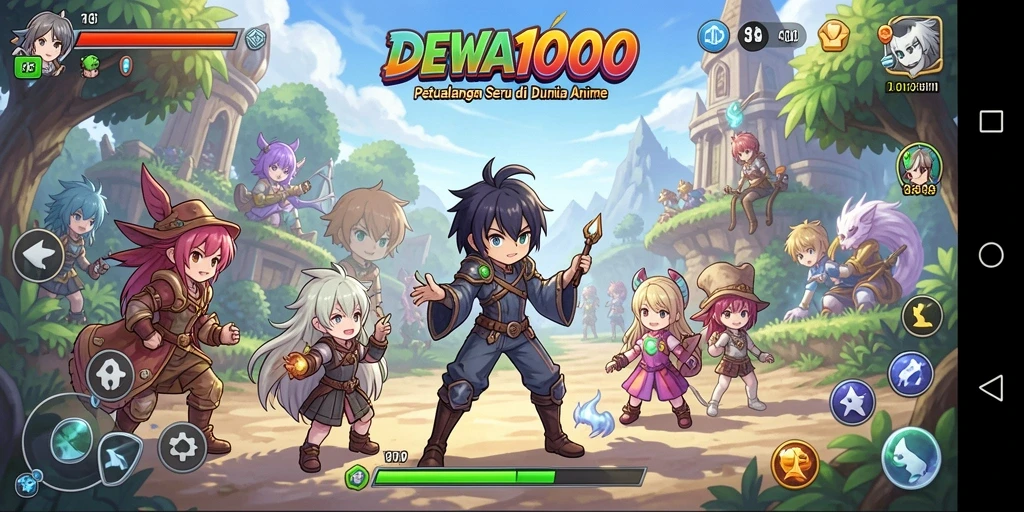 Screenshot dari gameplay DEWA1000 yang menunjukkan aksi seru karakter anime.