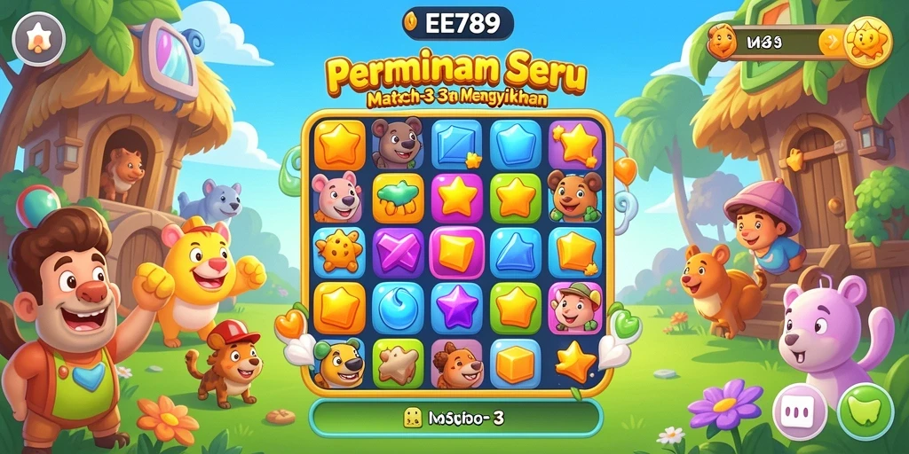 Screenshot gameplay EE789 menampilkan aksi cocokkan permata Match-3 yang seru.