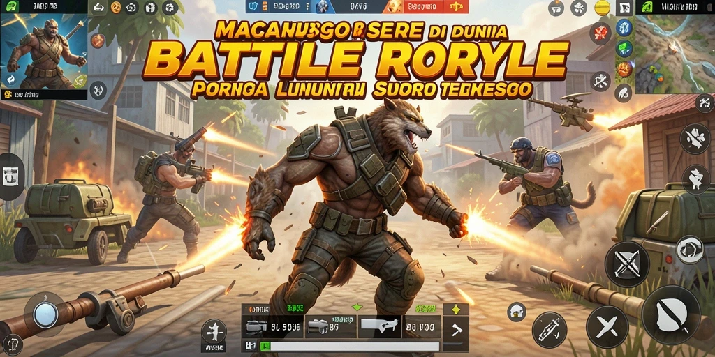 Tangkapan layar utama dari MACAN388 menunjukkan aksi pertempuran seru di medan perang Battle Royale.